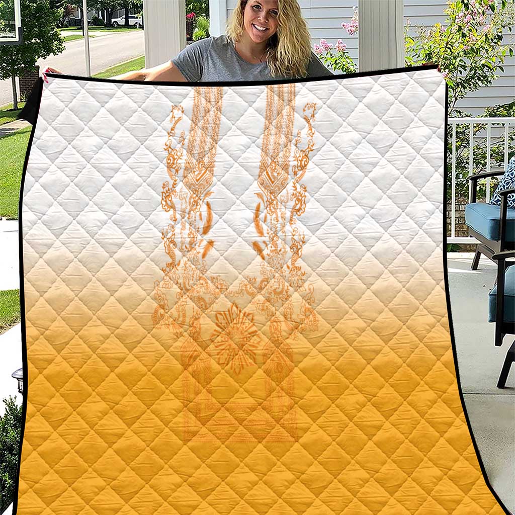 Philippines Barong Style Quilt with Polynesian Art and Leaf Motif Yellow Color