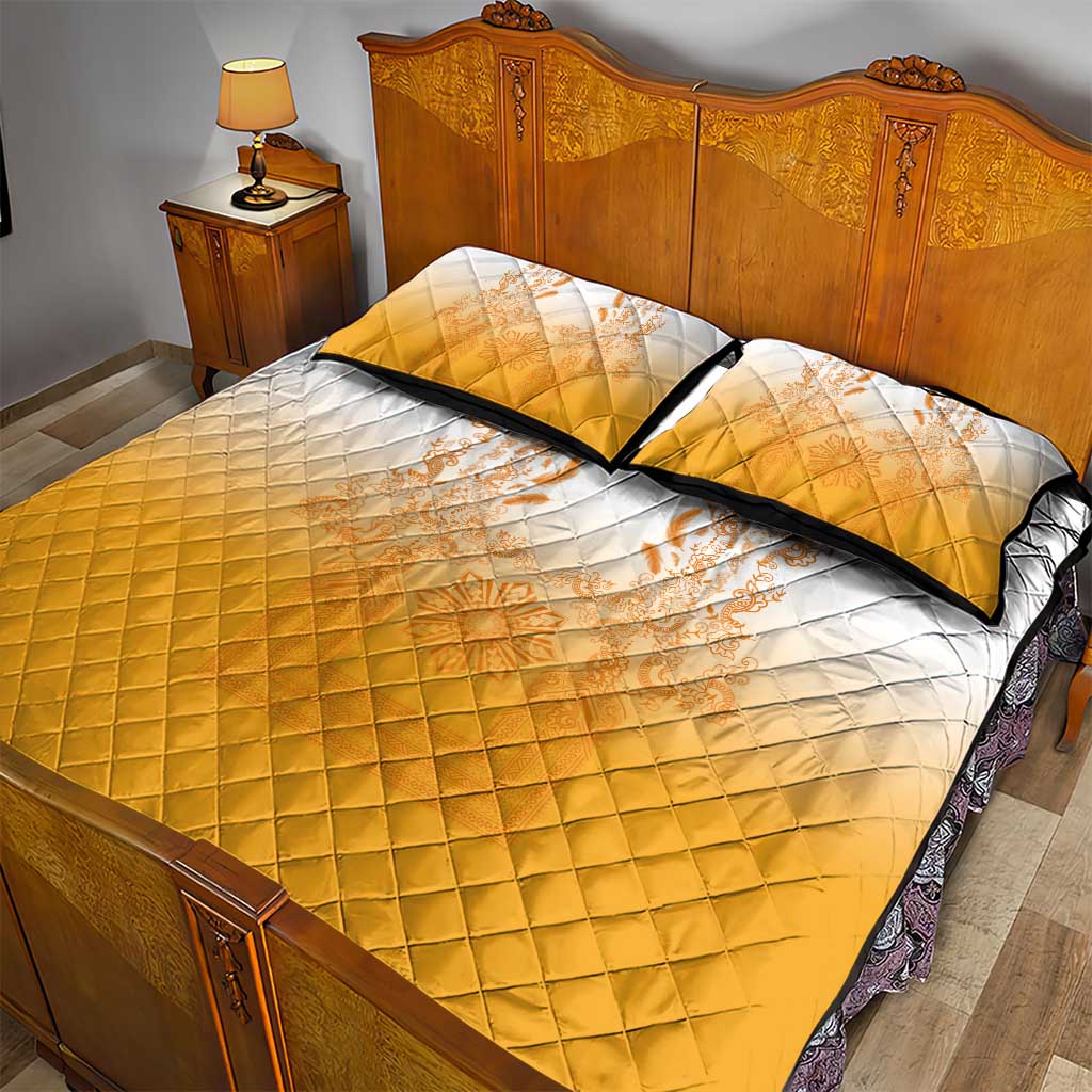 Philippines Barong Style Quilt Bed Set with Polynesian Art and Leaf Motif Yellow Color