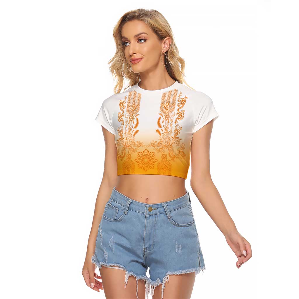 Philippines Barong Style Raglan Cropped T Shirt with Polynesian Art and Leaf Motif Yellow Color