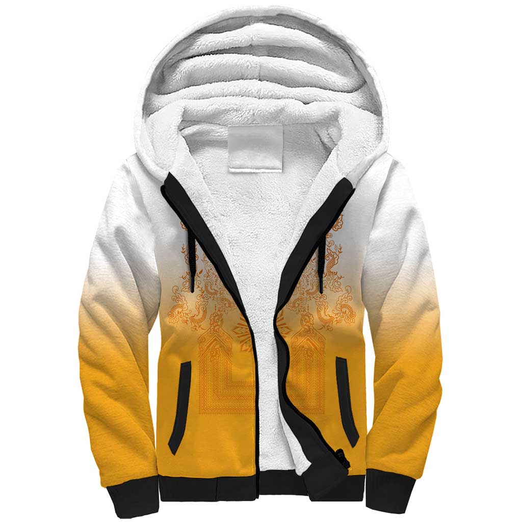 Philippines Barong Style Sherpa Hoodie with Polynesian Art and Leaf Motif Yellow Color