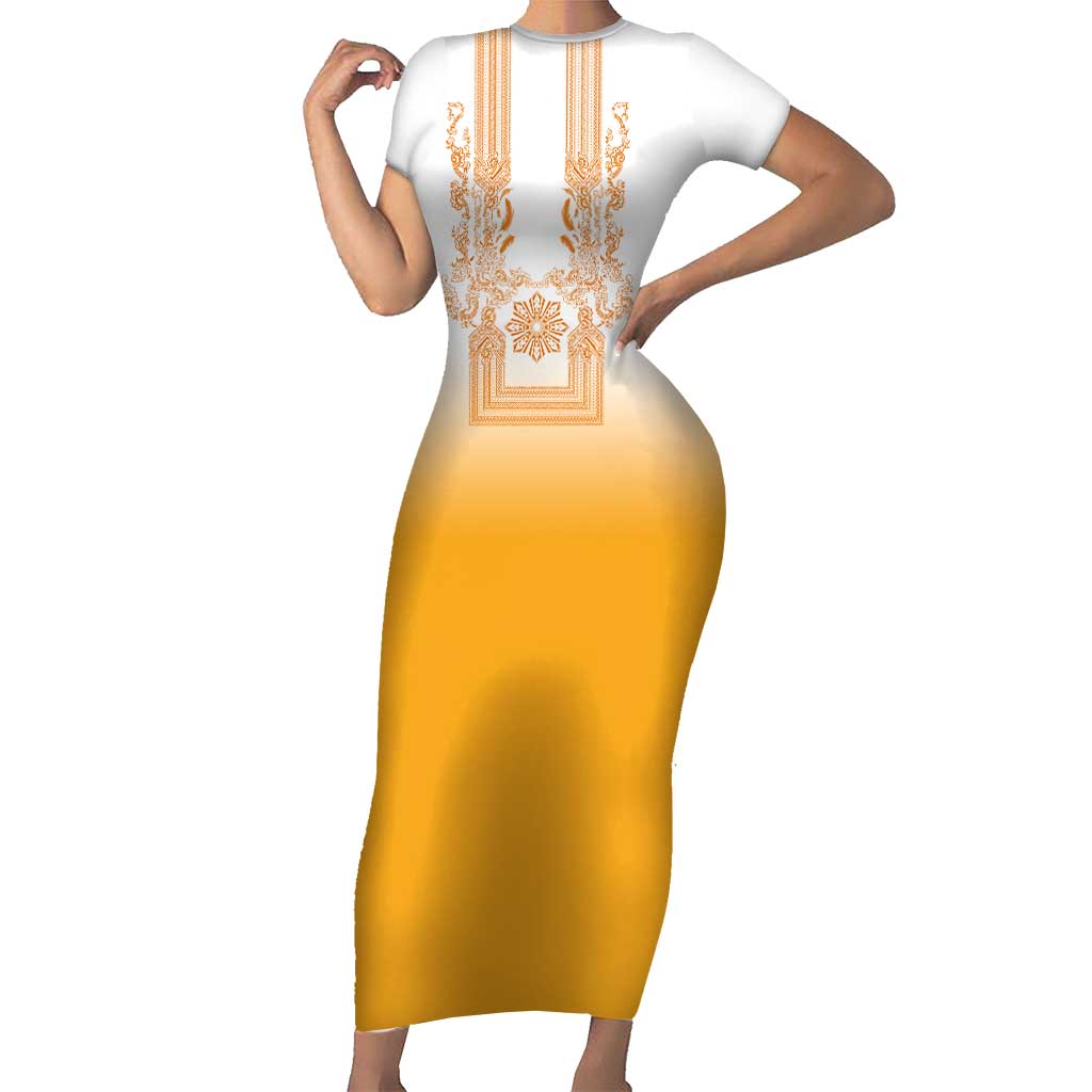 Philippines Barong Style Short Sleeve Bodycon Dress with Polynesian Art and Leaf Motif Yellow Color