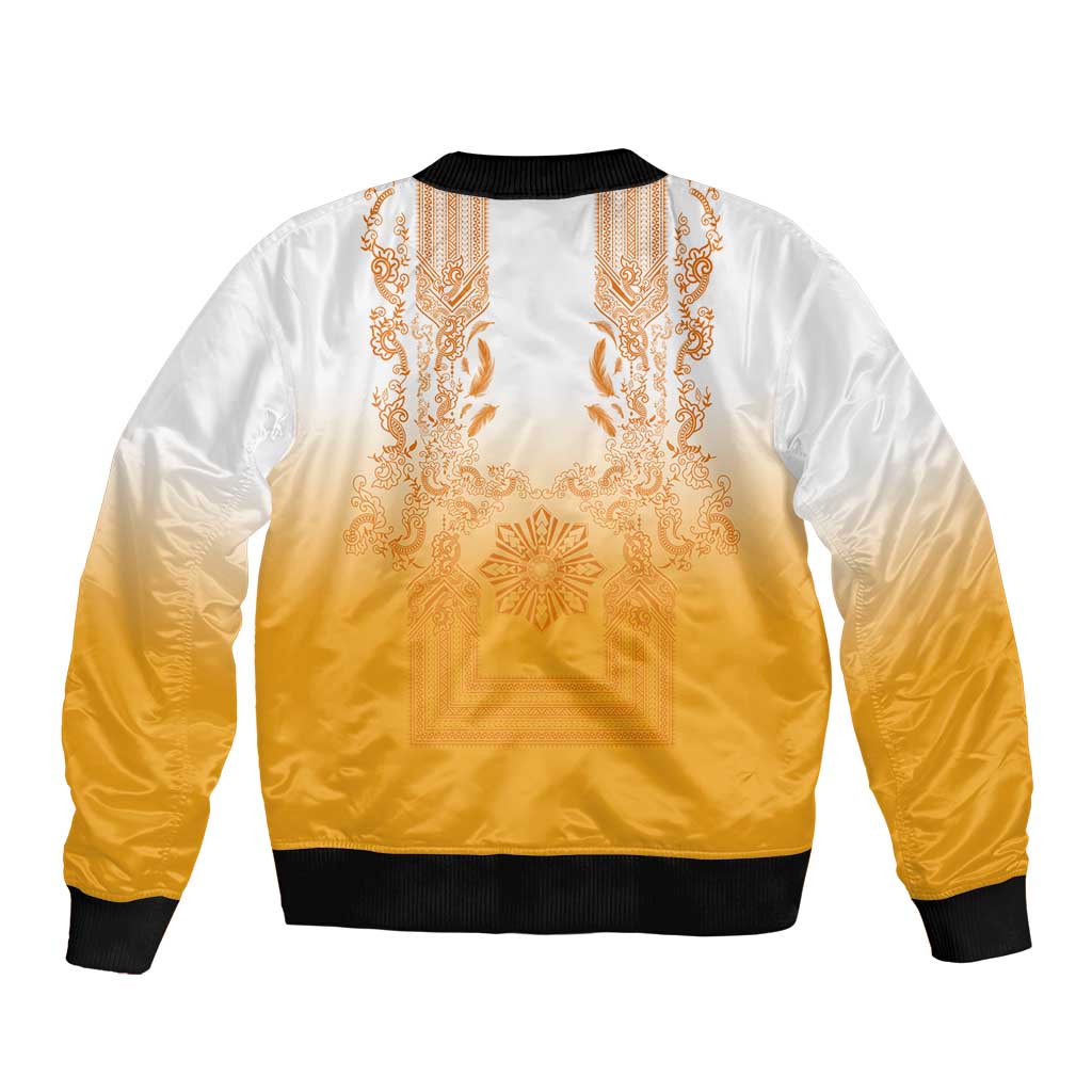 Philippines Barong Style Sleeve Zip Bomber Jacket with Polynesian Art and Leaf Motif Yellow Color