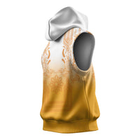 Philippines Barong Style Sleeveless Hoodie with Polynesian Art and Leaf Motif Yellow Color