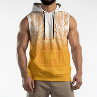 Philippines Barong Style Sleeveless Hoodie with Polynesian Art and Leaf Motif Yellow Color