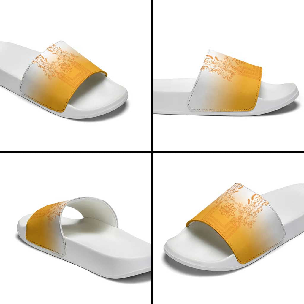 Philippines Barong Style Slide Sandals with Polynesian Art and Leaf Motif Yellow Color