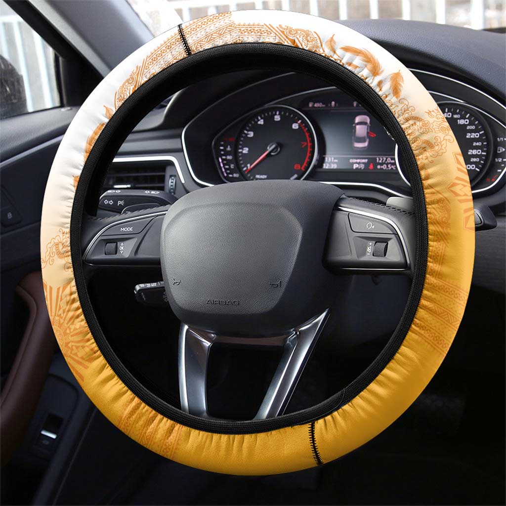 Philippines Barong Style Steering Wheel Cover with Polynesian Art and Leaf Motif Yellow Color