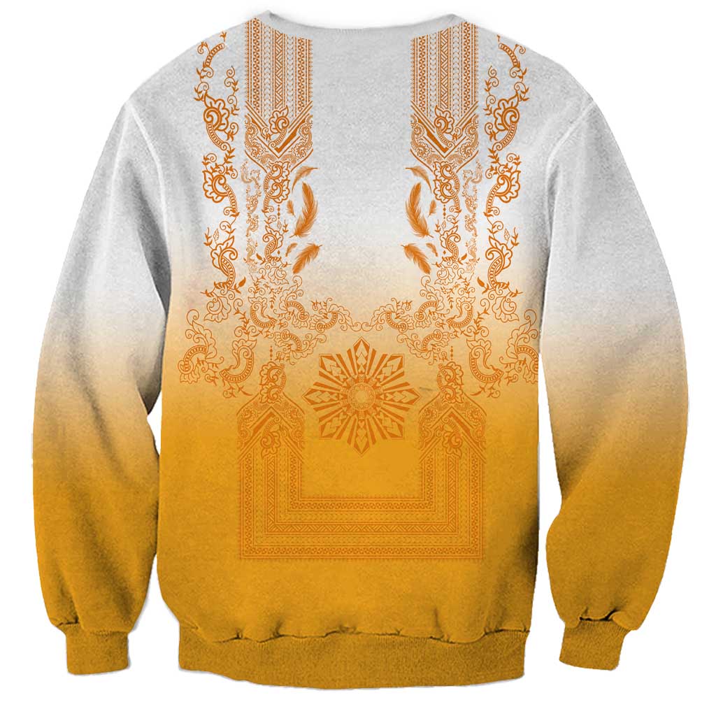 Philippines Barong Style Sweatshirt with Polynesian Art and Leaf Motif Yellow Color