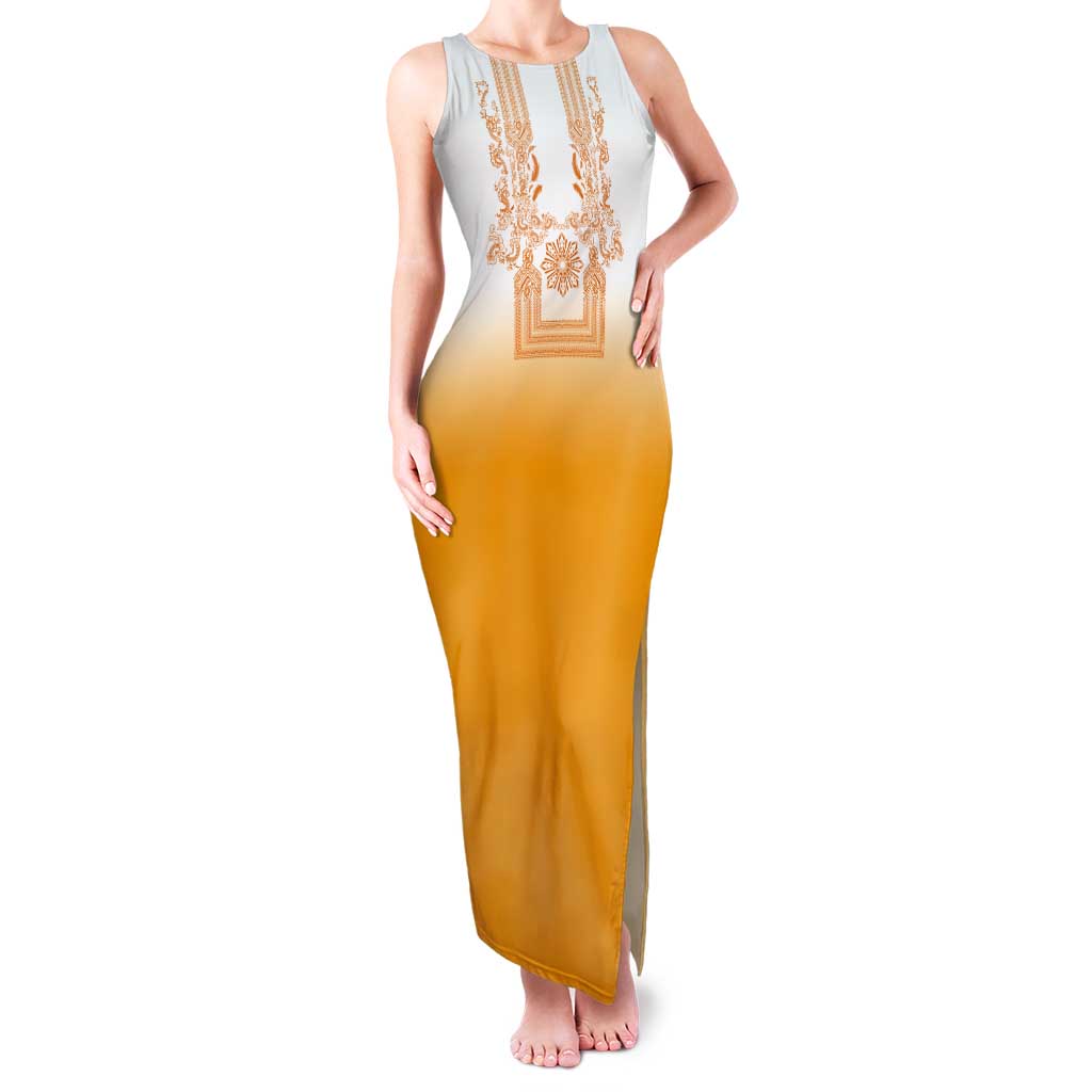 Philippines Barong Style Tank Maxi Dress with Polynesian Art and Leaf Motif Yellow Color