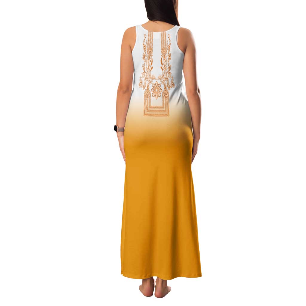 Philippines Barong Style Tank Maxi Dress with Polynesian Art and Leaf Motif Yellow Color