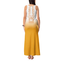 Philippines Barong Style Tank Maxi Dress with Polynesian Art and Leaf Motif Yellow Color