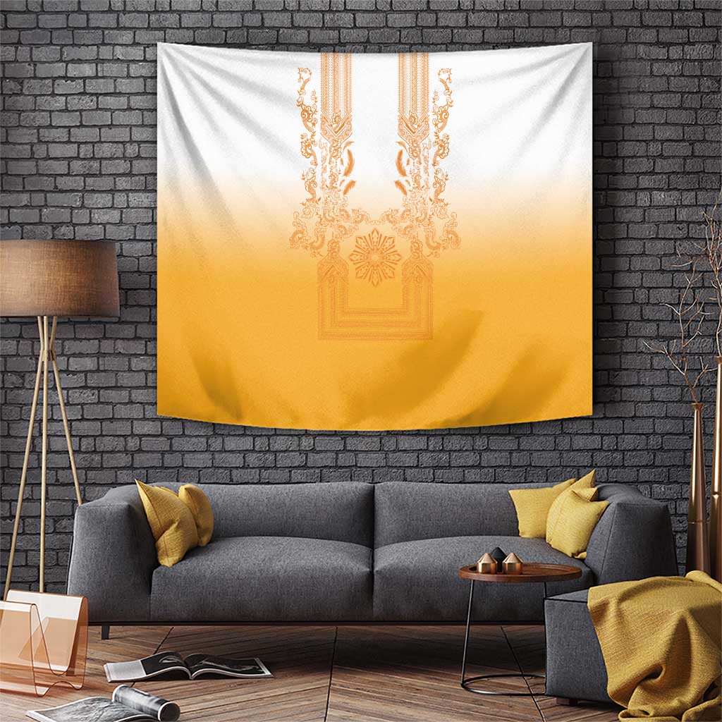 Philippines Barong Style Tapestry with Polynesian Art and Leaf Motif Yellow Color