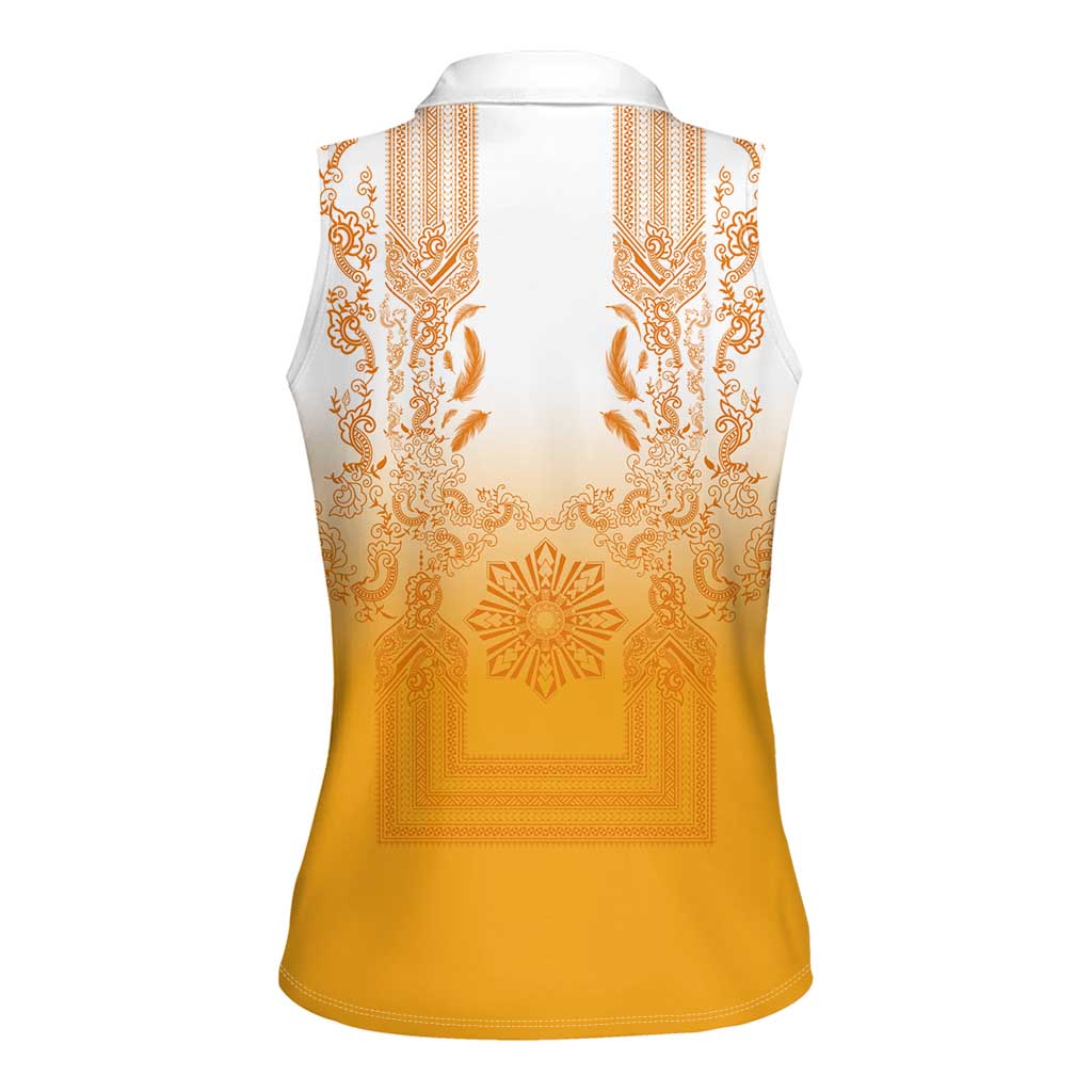 Philippines Barong Style Women Sleeveless Polo Shirt with Polynesian Art and Leaf Motif Yellow Color