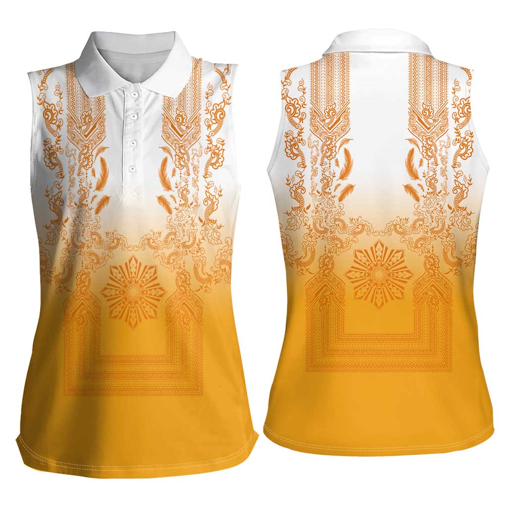 Philippines Barong Style Women Sleeveless Polo Shirt with Polynesian Art and Leaf Motif Yellow Color