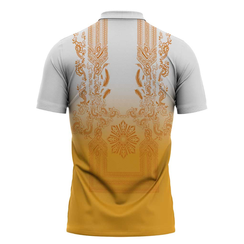 Philippines Barong Style Zipper Polo Shirt with Polynesian Art and Leaf Motif Yellow Color