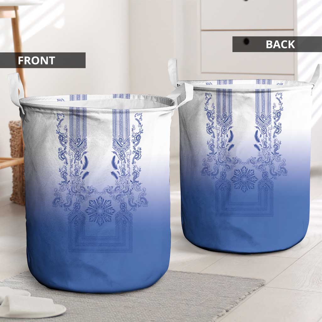 Philippines Barong Style Laundry Basket with Polynesian Art and Leaf Motif Blue Color