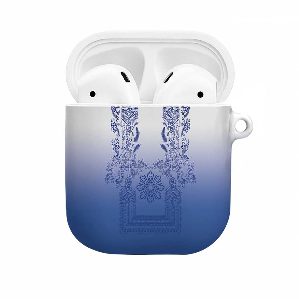 Philippines Barong Style AirPods Case with Polynesian Art and Leaf Motif Blue Color
