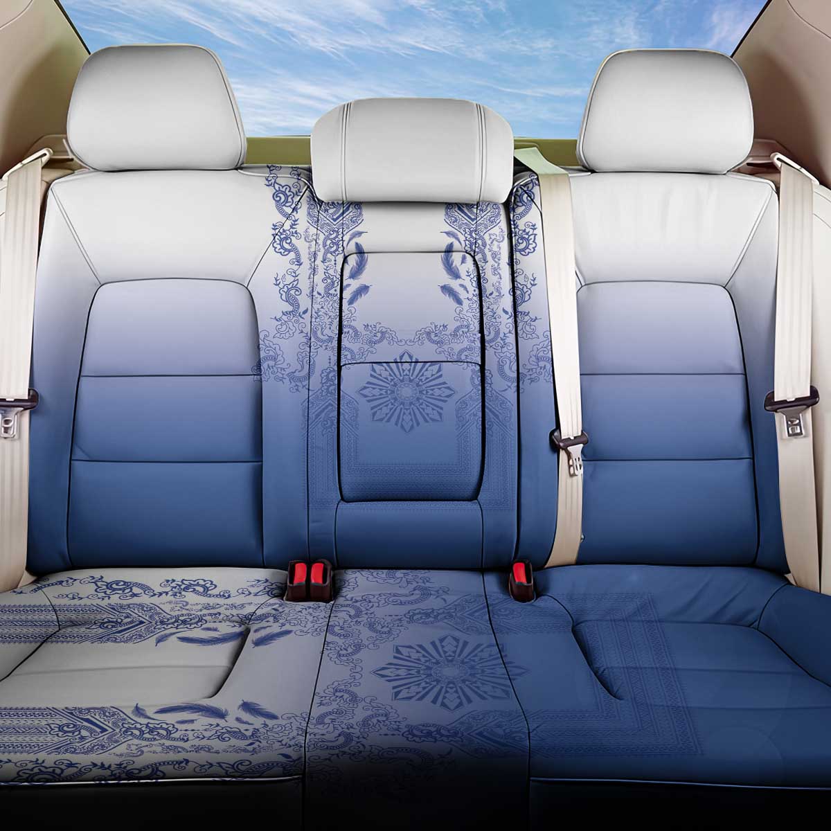 Philippines Barong Style Back Car Seat Cover with Polynesian Art and Leaf Motif Blue Color