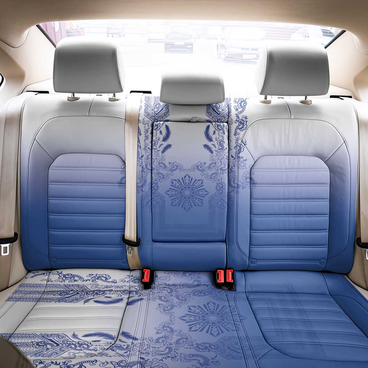 Philippines Barong Style Back Car Seat Cover with Polynesian Art and Leaf Motif Blue Color