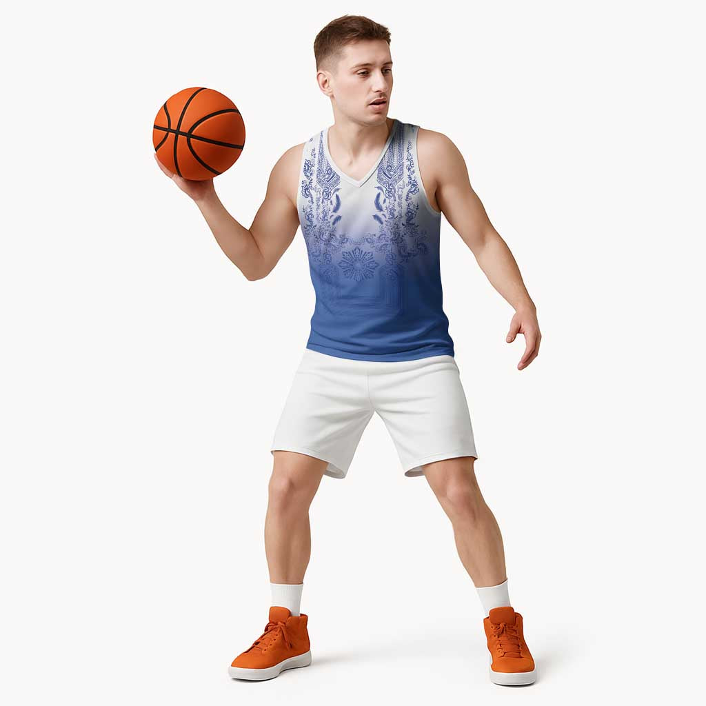 Philippines Barong Style Basketball Jersey with Polynesian Art and Leaf Motif Blue Color