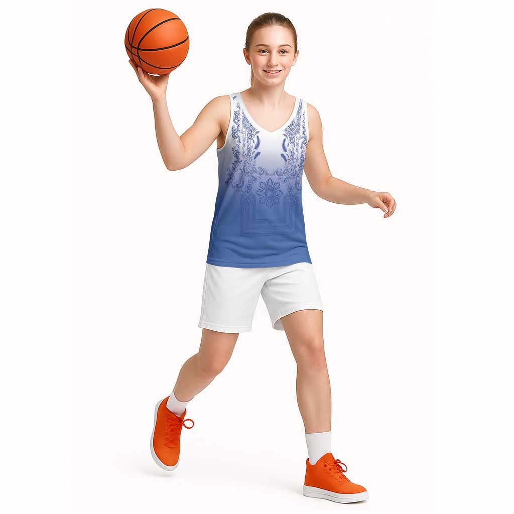 Philippines Barong Style Basketball Jersey with Polynesian Art and Leaf Motif Blue Color