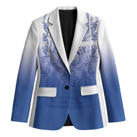 Philippines Barong Style Blazer with Polynesian Art and Leaf Motif Blue Color