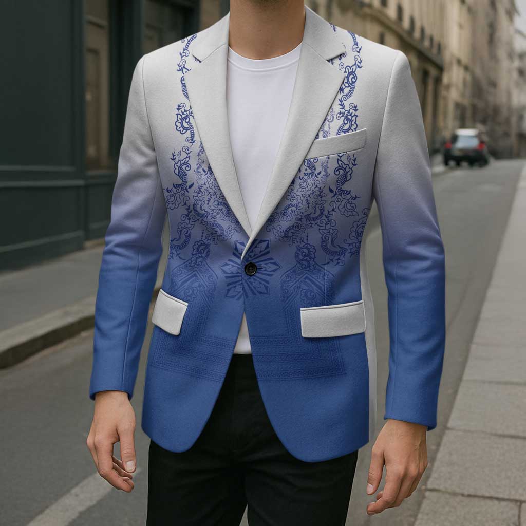 Philippines Barong Style Blazer with Polynesian Art and Leaf Motif Blue Color