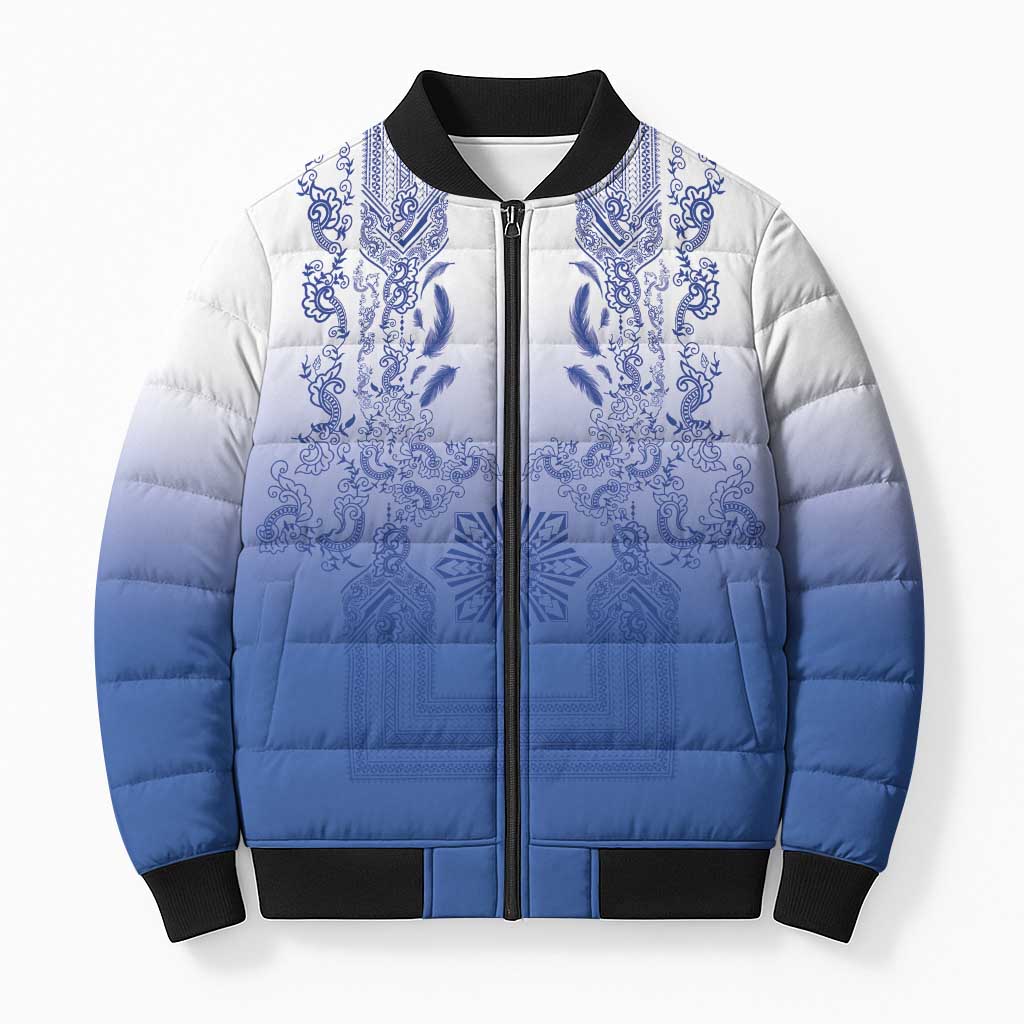 Philippines Barong Style Bomber Puffer Jacket with Polynesian Art and Leaf Motif Blue Color