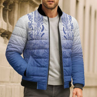 Philippines Barong Style Bomber Puffer Jacket with Polynesian Art and Leaf Motif Blue Color