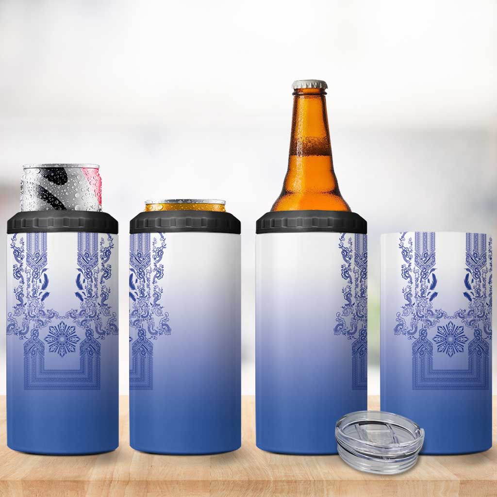 Philippines Barong Style 4 in 1 Can Cooler Tumbler with Polynesian Art and Leaf Motif Blue Color