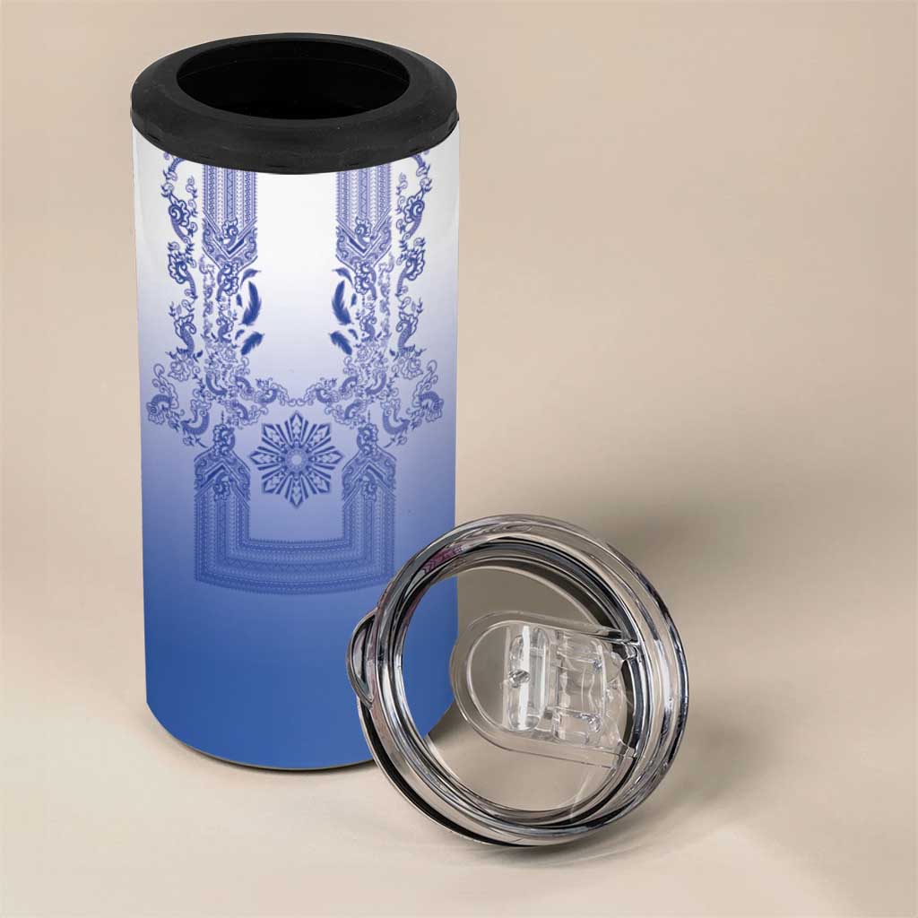 Philippines Barong Style 4 in 1 Can Cooler Tumbler with Polynesian Art and Leaf Motif Blue Color
