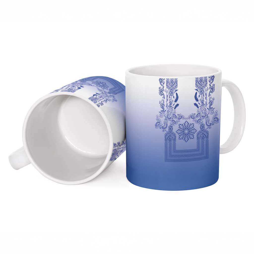Philippines Barong Style Ceramic Mug with Polynesian Art and Leaf Motif Blue Color