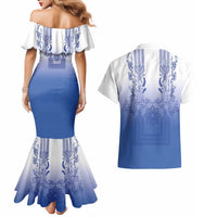 Philippines Barong Style Couples Matching Mermaid Dress and Hawaiian Shirt with Polynesian Art and Leaf Motif Blue Color LT03 - Polynesian Pride