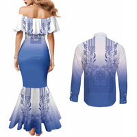 Philippines Barong Style Couples Matching Mermaid Dress and Long Sleeve Button Shirt with Polynesian Art and Leaf Motif Blue Color
