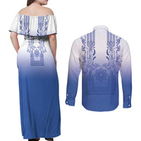 Philippines Barong Style Couples Matching Off Shoulder Maxi Dress and Long Sleeve Button Shirt with Polynesian Art and Leaf Motif Blue Color