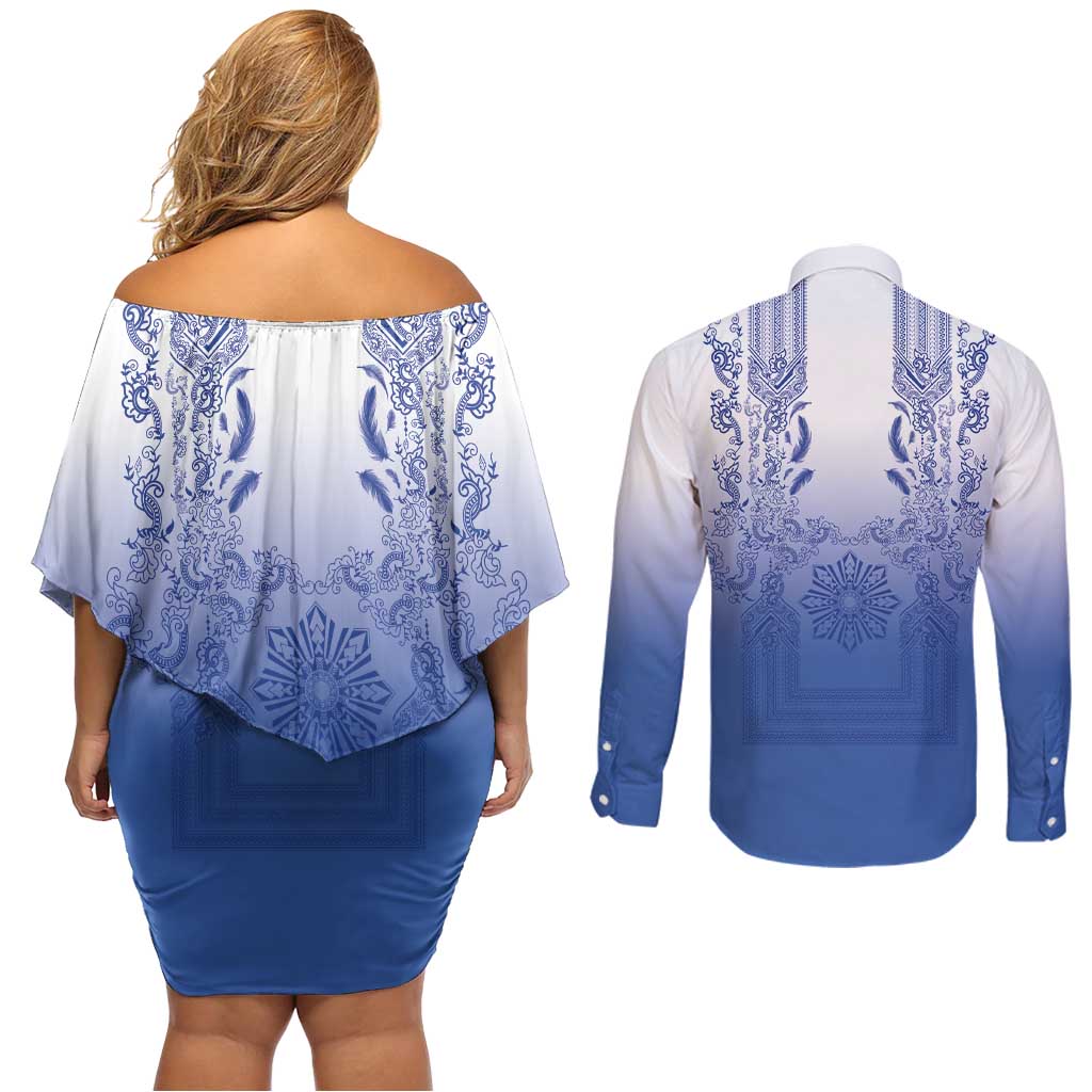 Philippines Barong Style Couples Matching Off Shoulder Short Dress and Long Sleeve Button Shirt with Polynesian Art and Leaf Motif Blue Color