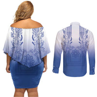 Philippines Barong Style Couples Matching Off Shoulder Short Dress and Long Sleeve Button Shirt with Polynesian Art and Leaf Motif Blue Color