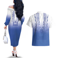 Philippines Barong Style Couples Matching Off The Shoulder Long Sleeve Dress and Hawaiian Shirt with Polynesian Art and Leaf Motif Blue Color LT03 - Polynesian Pride