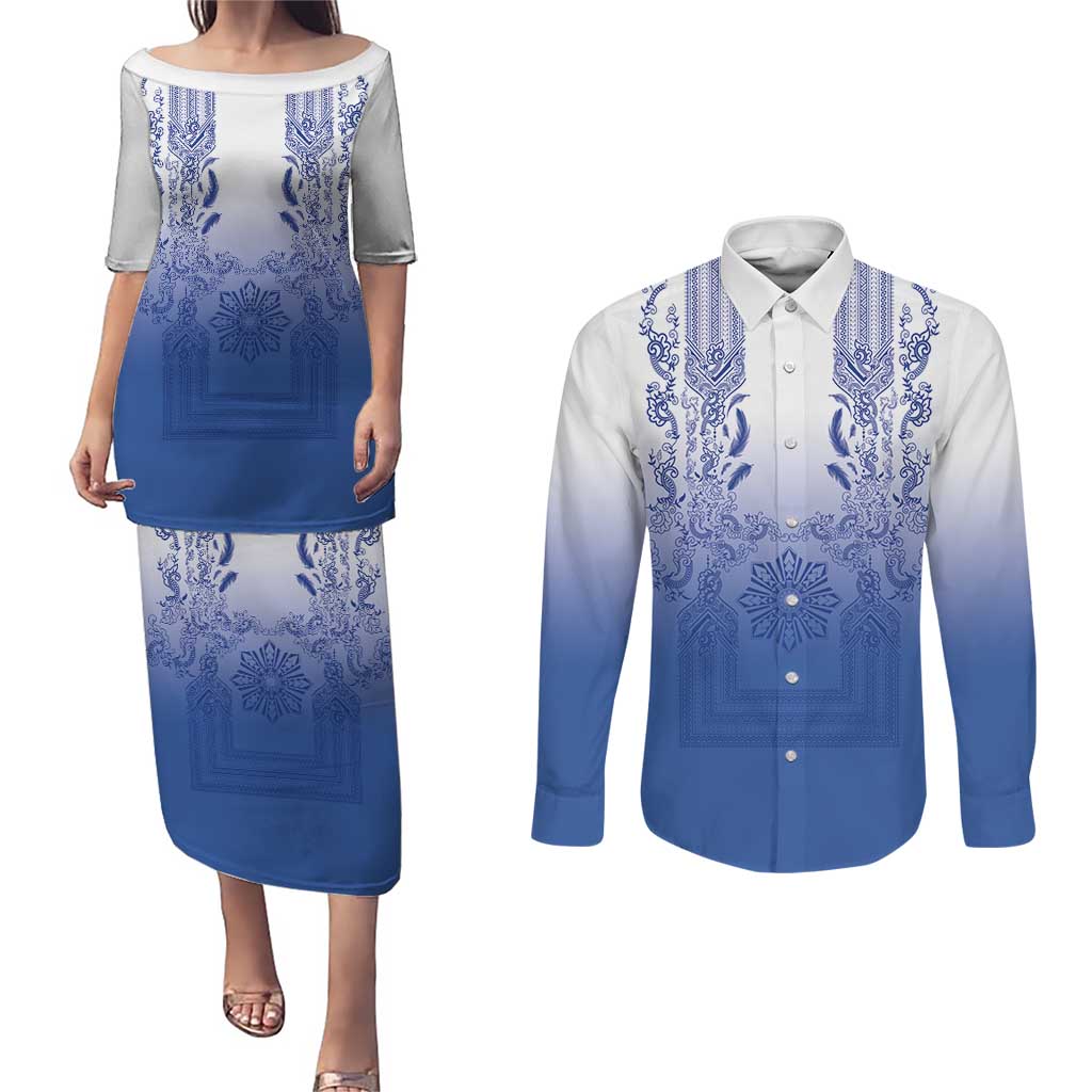 Philippines Barong Style Couples Matching Puletasi and Long Sleeve Button Shirt with Polynesian Art and Leaf Motif Blue Color