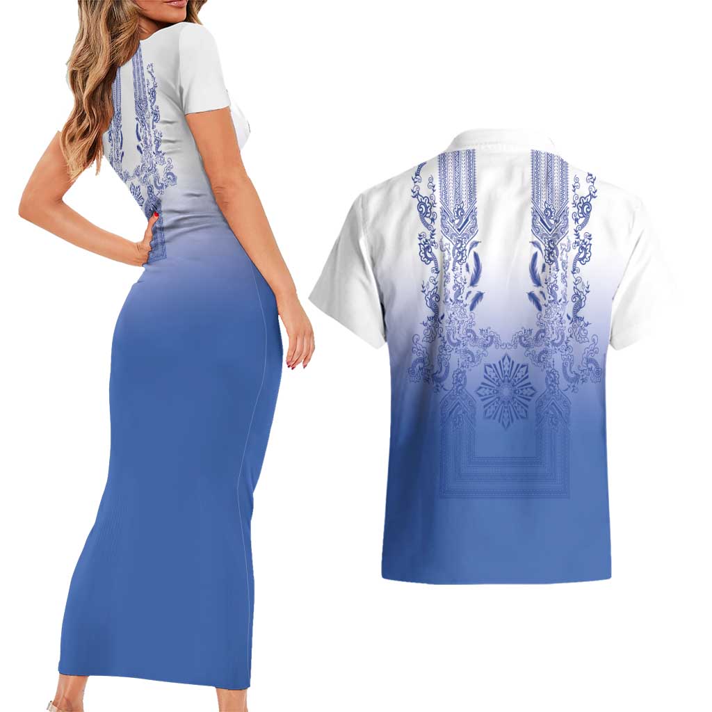 Philippines Barong Style Couples Matching Short Sleeve Bodycon Dress and Hawaiian Shirt with Polynesian Art and Leaf Motif Blue Color LT03 - Polynesian Pride