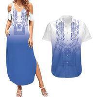 Philippines Barong Style Couples Matching Summer Maxi Dress and Hawaiian Shirt with Polynesian Art and Leaf Motif Blue Color LT03 Blue - Polynesian Pride
