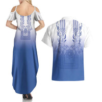 Philippines Barong Style Couples Matching Summer Maxi Dress and Hawaiian Shirt with Polynesian Art and Leaf Motif Blue Color LT03 - Polynesian Pride