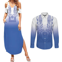 Philippines Barong Style Couples Matching Summer Maxi Dress and Long Sleeve Button Shirt with Polynesian Art and Leaf Motif Blue Color