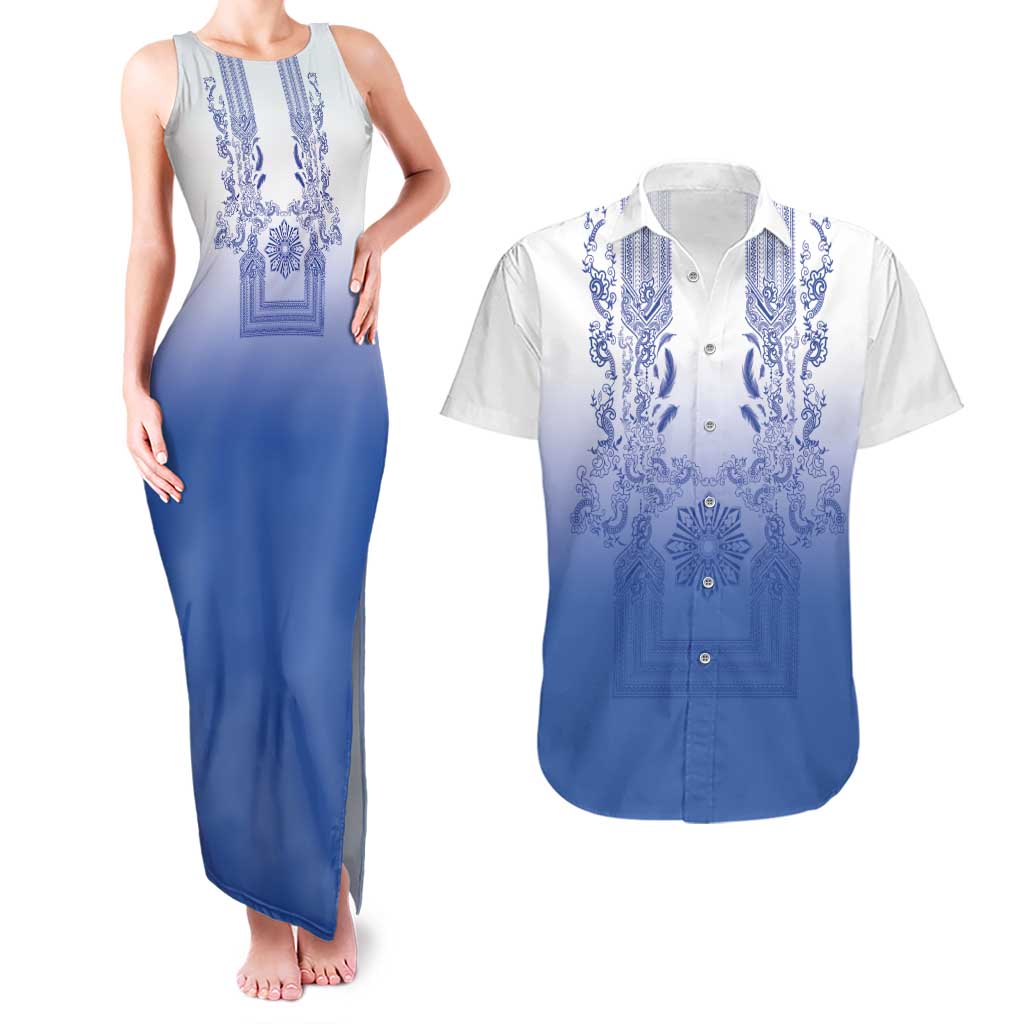 Philippines Barong Style Couples Matching Tank Maxi Dress and Hawaiian Shirt with Polynesian Art and Leaf Motif Blue Color