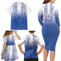 Philippines Barong Style Family Matching Long Sleeve Bodycon Dress and Hawaiian Shirt with Polynesian Art and Leaf Motif Blue Color LT03 - Polynesian Pride