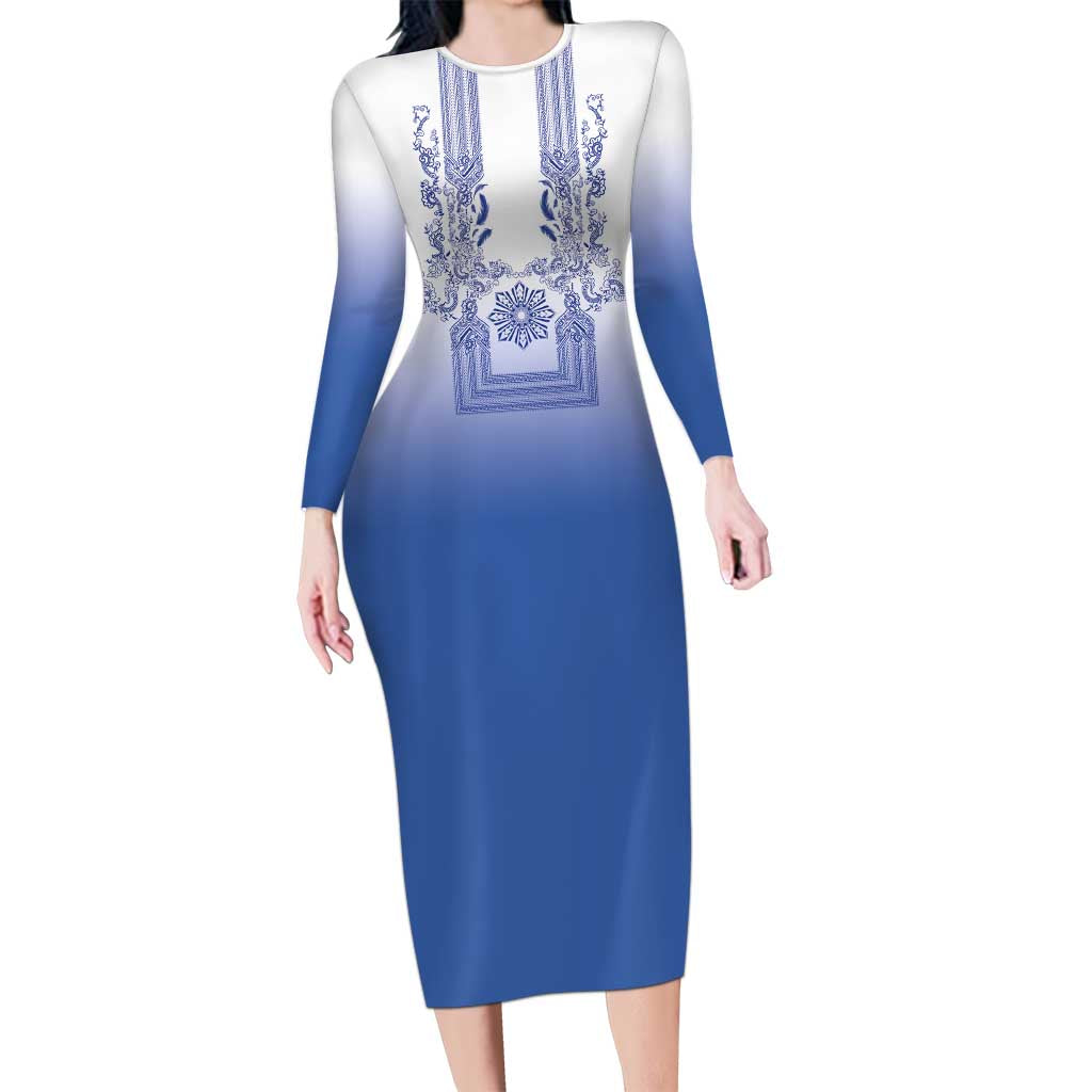 Philippines Barong Style Family Matching Long Sleeve Bodycon Dress and Hawaiian Shirt with Polynesian Art and Leaf Motif Blue Color LT03 Mom's Dress Blue - Polynesian Pride