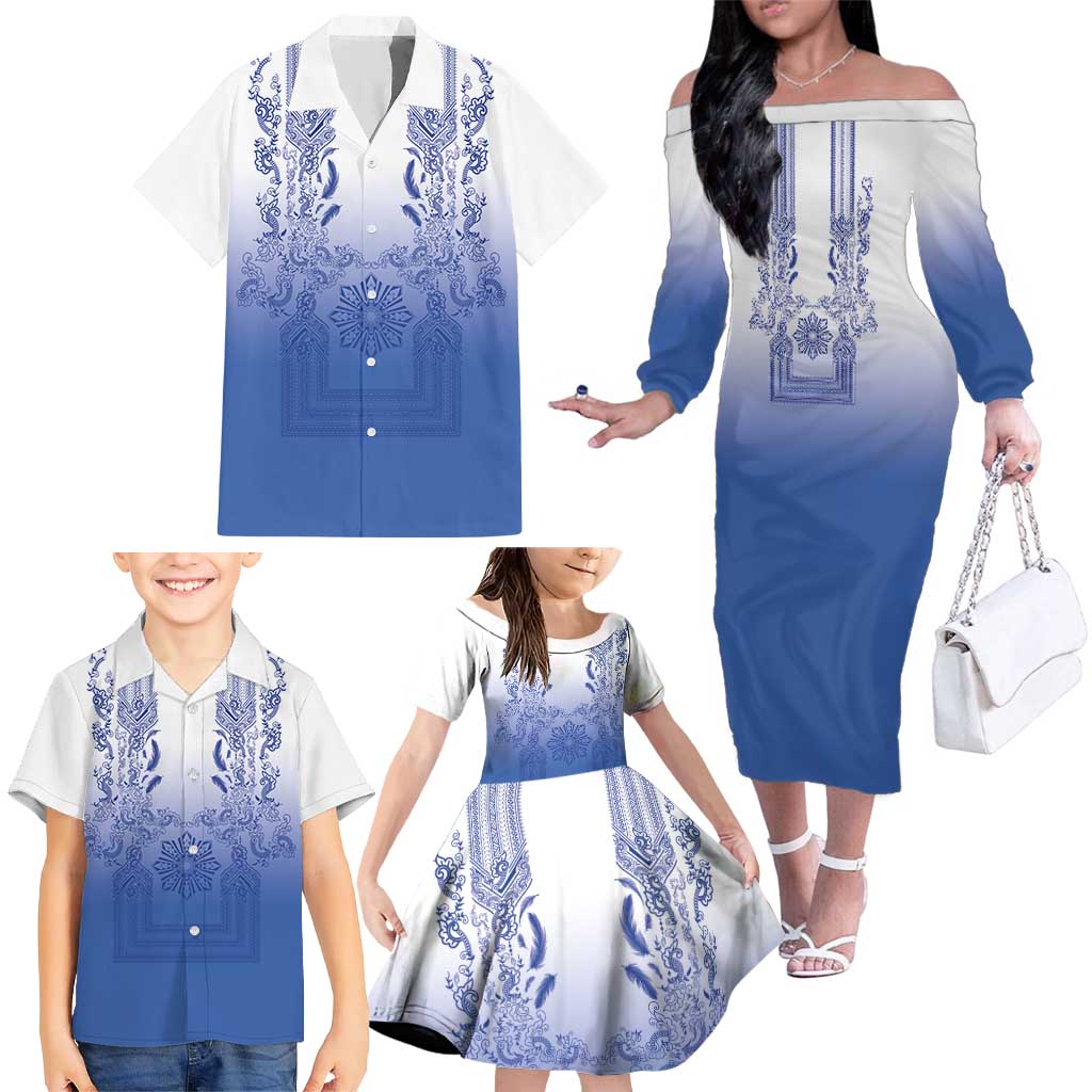 Philippines Barong Style Family Matching Off The Shoulder Long Sleeve Dress and Hawaiian Shirt with Polynesian Art and Leaf Motif Blue Color LT03 - Polynesian Pride