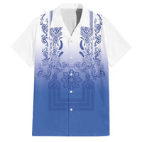 Philippines Barong Style Family Matching Off The Shoulder Long Sleeve Dress and Hawaiian Shirt with Polynesian Art and Leaf Motif Blue Color LT03 Dad's Shirt - Short Sleeve Blue - Polynesian Pride