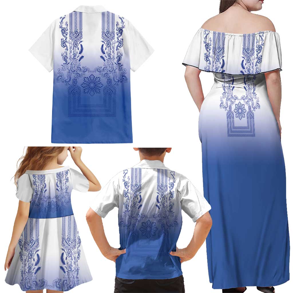 Philippines Barong Style Family Matching Off Shoulder Maxi Dress and Hawaiian Shirt with Polynesian Art and Leaf Motif Blue Color LT03 - Polynesian Pride