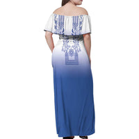 Philippines Barong Style Family Matching Off Shoulder Maxi Dress and Hawaiian Shirt with Polynesian Art and Leaf Motif Blue Color LT03 - Polynesian Pride