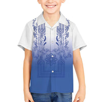 Philippines Barong Style Family Matching Off Shoulder Maxi Dress and Hawaiian Shirt with Polynesian Art and Leaf Motif Blue Color LT03 Son's Shirt Blue - Polynesian Pride